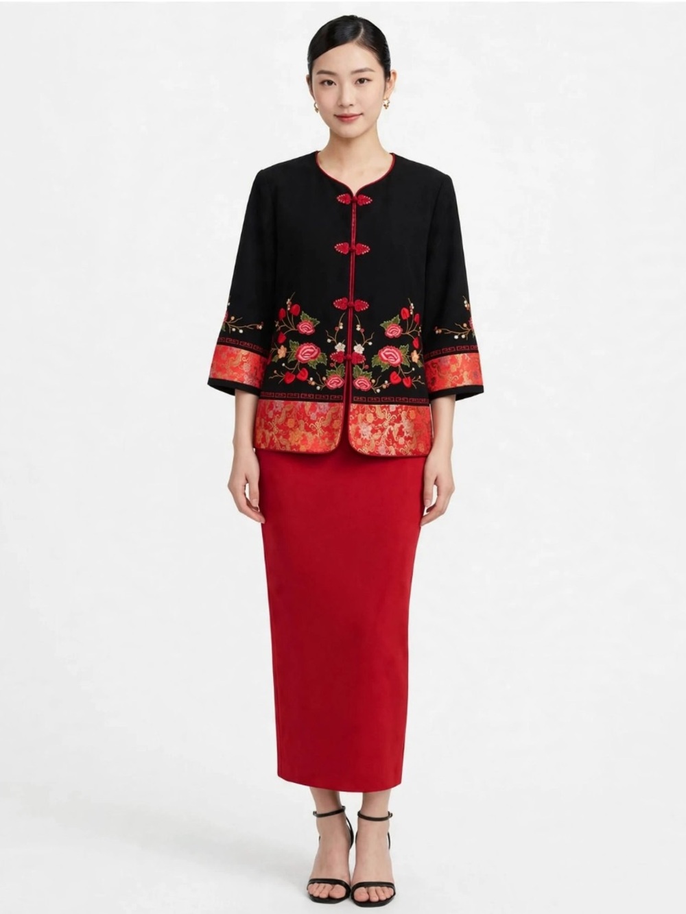 Black Embroidered Mandarin Jacket with Red Floral Trim